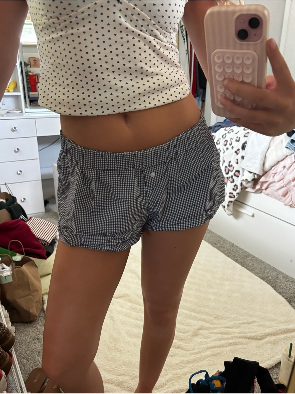 Brandy Melville Navy and White Gingham High-Waist Shorts